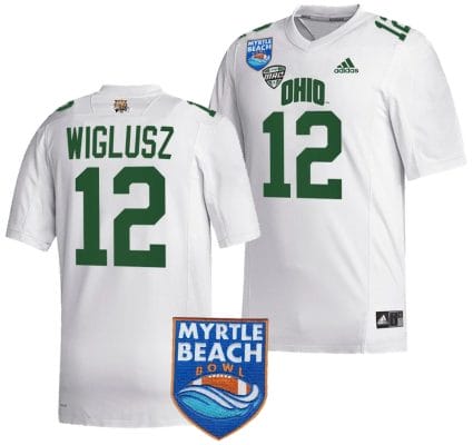 Sam Wiglusz Jersey #12 Ohio Bobcats 2023 Myrtle Beach Bowl Patch MVP Football White 8 Sam Wiglusz Jersey #12 Ohio Bobcats 2023 Myrtle Beach Bowl Patch MVP Football White