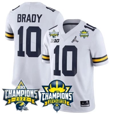 Tom Brady Jersey #10 Michigan Wolverines 2023 Big Ten Back to Back Champions Patch Stitched White