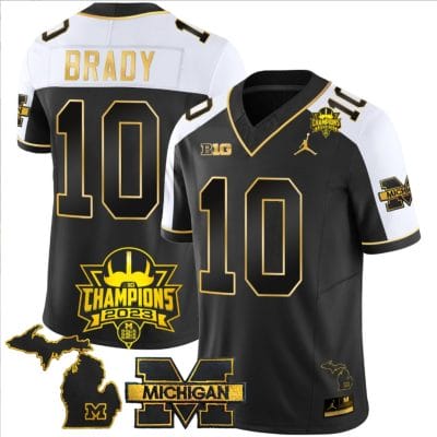 Tom Brady Jersey #10 Michigan Wolverines 2023 Big Ten Champions Patch Stitched Gold Alternate