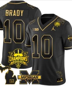 Tom Brady Jersey #10 Michigan Wolverines 2023 Big Ten Champions Patch Stitched Black Gold