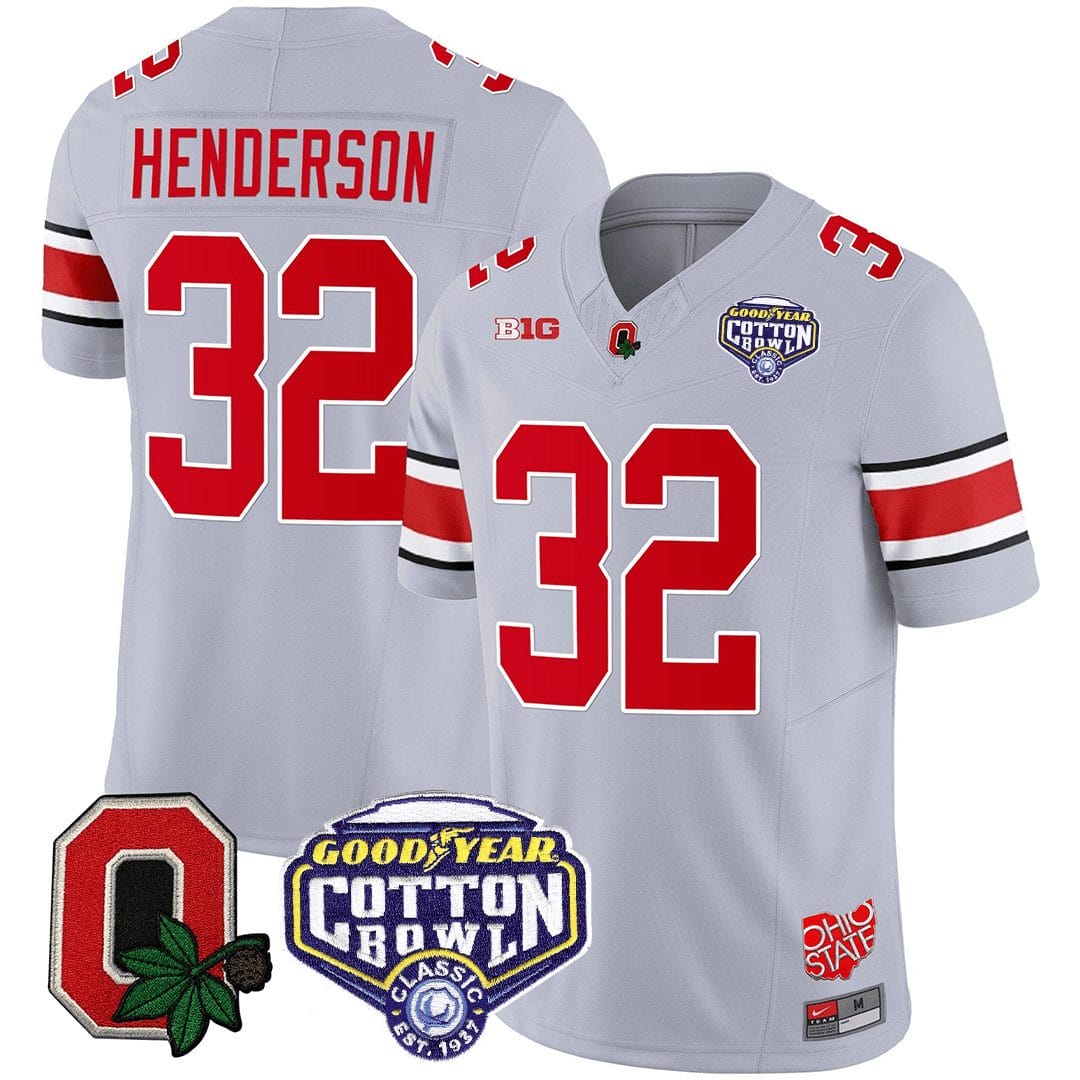 TreVeyon Henderson Jersey #32 Ohio State Buckeyes Good Year Cotton Bowl Patch Football Gray 1 TreVeyon Henderson Jersey #32 Ohio State Buckeyes Good Year Cotton Bowl Patch Football Gray
