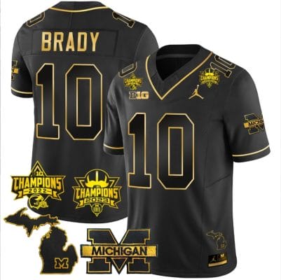 Tom Brady Jersey #10 Michigan Wolverines 2023 Big Ten Back to Back Champions Patch Stitched Black Gold 8 Tom Brady Jersey #10 Michigan Wolverines 2023 Big Ten Back to Back Champions Patch Stitched Black Gold
