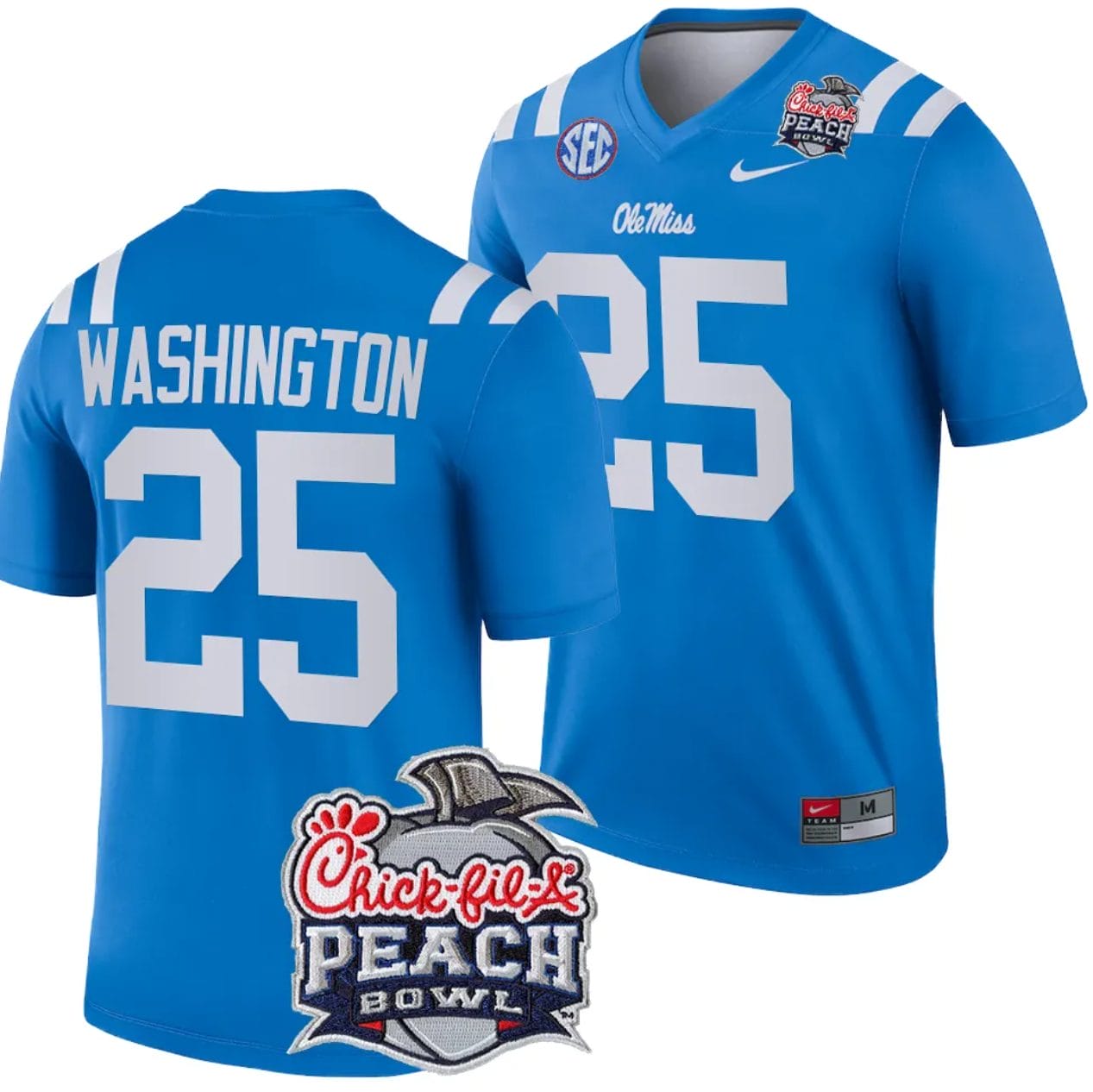 Trey Washington Jersey #25 Ole Miss Rebels Peach Bowl Patch 2024 College Football Blue 1 Trey Washington Jersey #25 Ole Miss Rebels Peach Bowl Patch 2024 College Football Blue