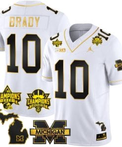 Tom Brady Jersey #10 Michigan Wolverines 2023 Big Ten Back to Back Champions Patch Stitched White Gold