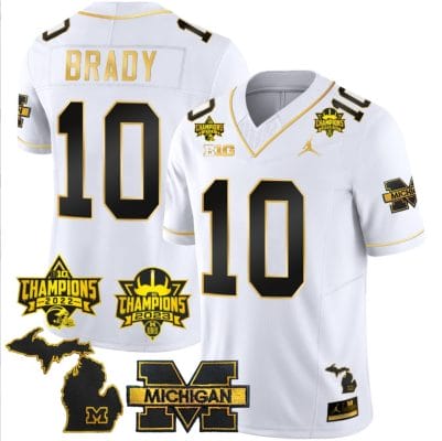 Tom Brady Jersey #10 Michigan Wolverines 2023 Big Ten Back to Back Champions Patch Stitched White Gold 8 Tom Brady Jersey #10 Michigan Wolverines 2023 Big Ten Back to Back Champions Patch Stitched White Gold