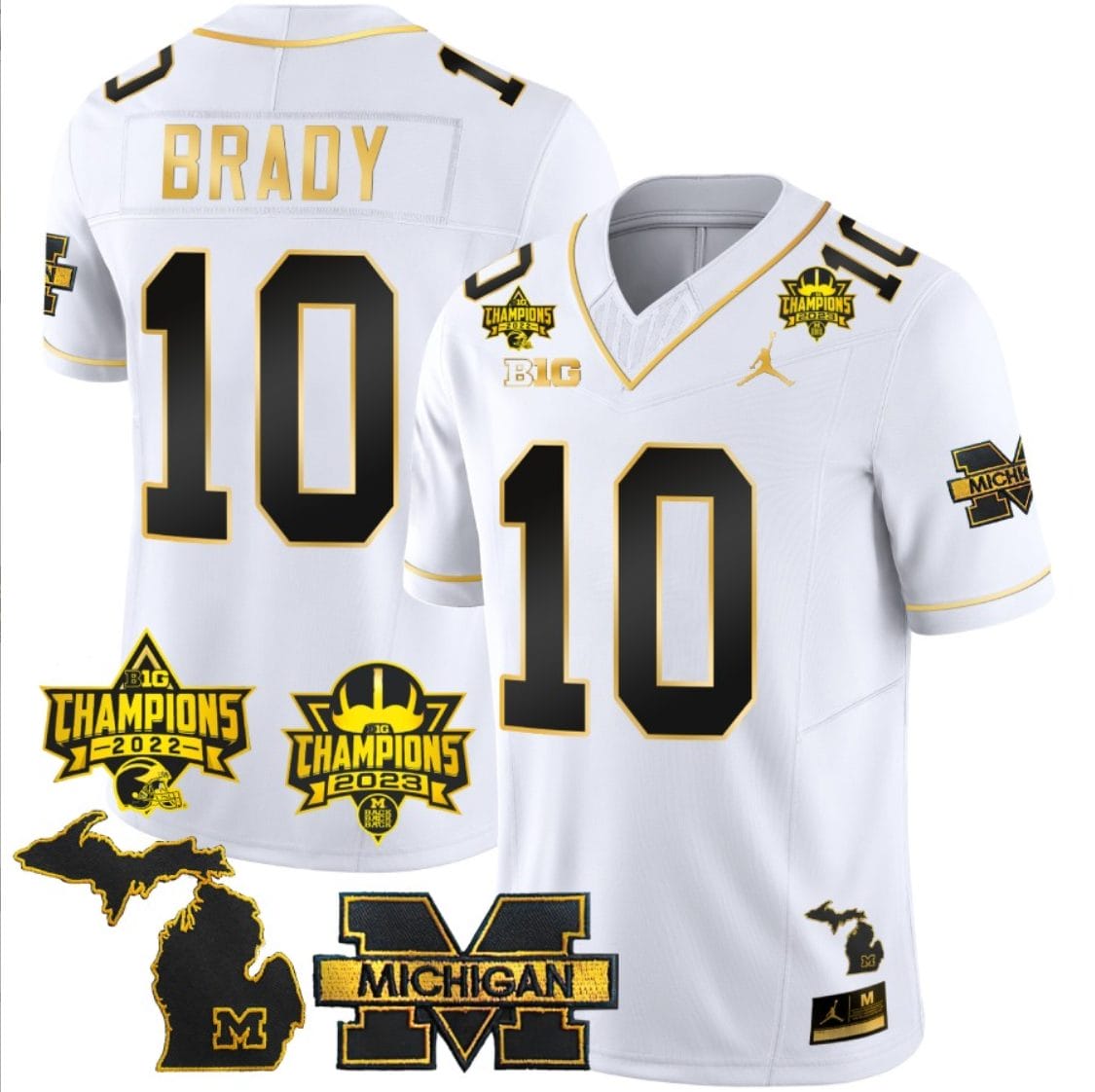 Tom Brady Jersey #10 Michigan Wolverines 2023 Big Ten Back to Back Champions Patch Stitched White Gold 1 Tom Brady Jersey #10 Michigan Wolverines 2023 Big Ten Back to Back Champions Patch Stitched White Gold