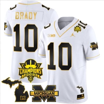 Tom Brady Jersey #10 Michigan Wolverines 2023 Big Ten Champions Patch Stitched White Gold 8 Tom Brady Jersey #10 Michigan Wolverines 2023 Big Ten Champions Patch Stitched White Gold
