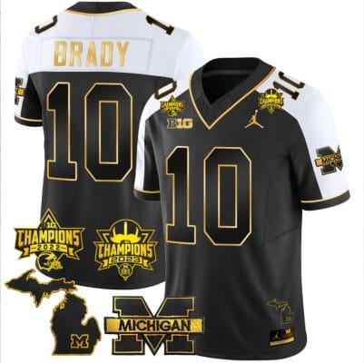 Tom Brady Jersey #10 Michigan Wolverines 2023 Big Ten Back to Back Champions Patch Stitched Gold Alternate 8 Tom Brady Jersey #10 Michigan Wolverines 2023 Big Ten Back to Back Champions Patch Stitched Gold Alternate