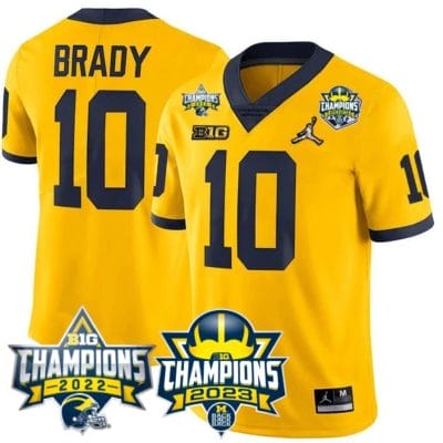 Tom Brady Jersey #10 Michigan Wolverines 2023 Big Ten Back to Back Champions Patch Stitched Maize