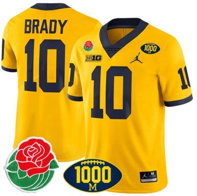 Tom Brady Jersey #10 Michigan Wolverines 1000 Wins & Rose Bowl Patch Special Yellow 8 Tom Brady Jersey #10 Michigan Wolverines 1000 Wins & Rose Bowl Patch Special Yellow
