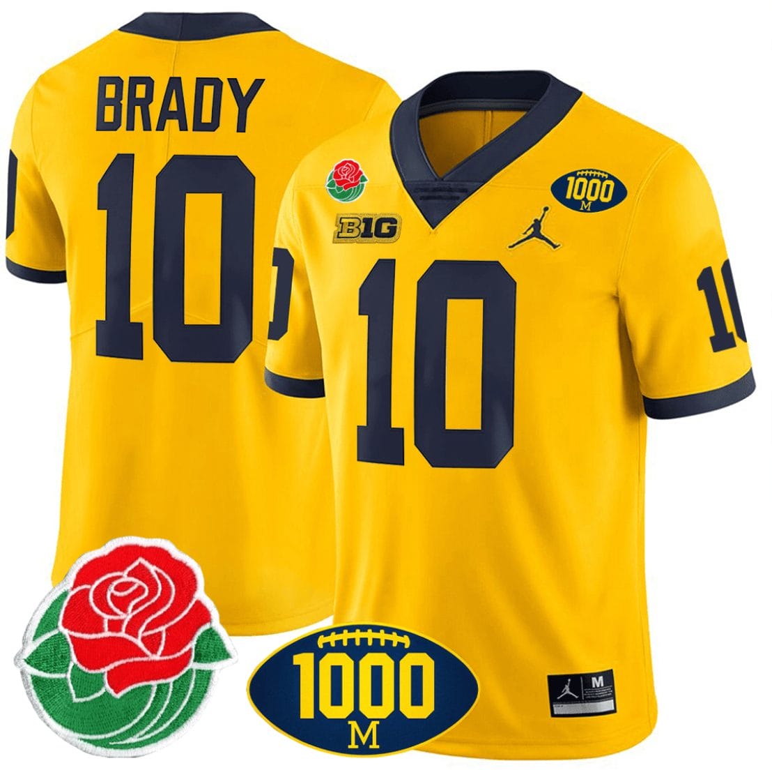 Tom Brady Jersey #10 Michigan Wolverines 1000 Wins & Rose Bowl Patch Special Yellow 1 Tom Brady Jersey #10 Michigan Wolverines 1000 Wins & Rose Bowl Patch Special Yellow