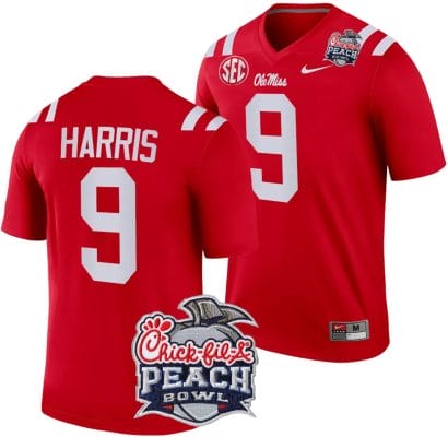 Tre Harris Jersey #9 Ole Miss Rebels Peach Bowl Patch 2024 College Football Red
