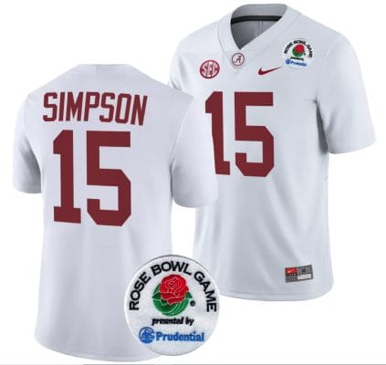 Ty Simpson Jersey #15 Alabama Crimson Tide Rose Bowl Game 2024 Patch College Football Playoff White 8 Ty Simpson Jersey #15 Alabama Crimson Tide Rose Bowl Game 2024 Patch College Football Playoff White