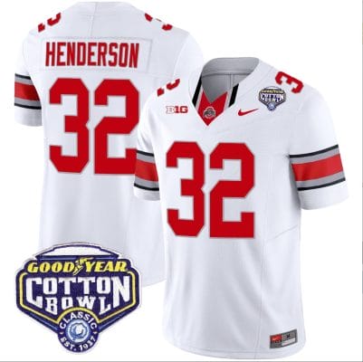 TreVeyon Henderson Jersey #32 Ohio State Buckeyes Cotton Bowl Patch Vapor Football White 8 TreVeyon Henderson Jersey #32 Ohio State Buckeyes Cotton Bowl Patch Vapor Football White
