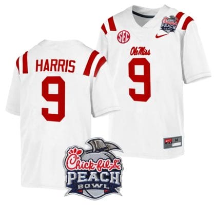 Tre Harris Jersey #9 Ole Miss Rebels Peach Bowl Patch 2024 College Football White 8 Tre Harris Jersey #9 Ole Miss Rebels Peach Bowl Patch 2024 College Football White