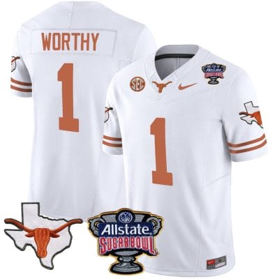 Xavier Worthy Jersey #1 Texas Longhorns Sugar Bowl Patch Vapor Football White