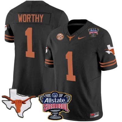 Xavier Worthy Jersey #1 Texas Longhorns Sugar Bowl Patch Vapor Football Black