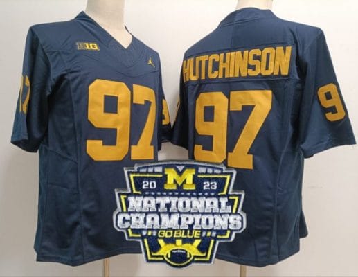 Aidan Hutchinson Jersey #97 Michigan Wolverines Football 2023 National Champions Patch Navy 8 Aidan Hutchinson Jersey #97 Michigan Wolverines Football 2023 National Champions Patch Navy