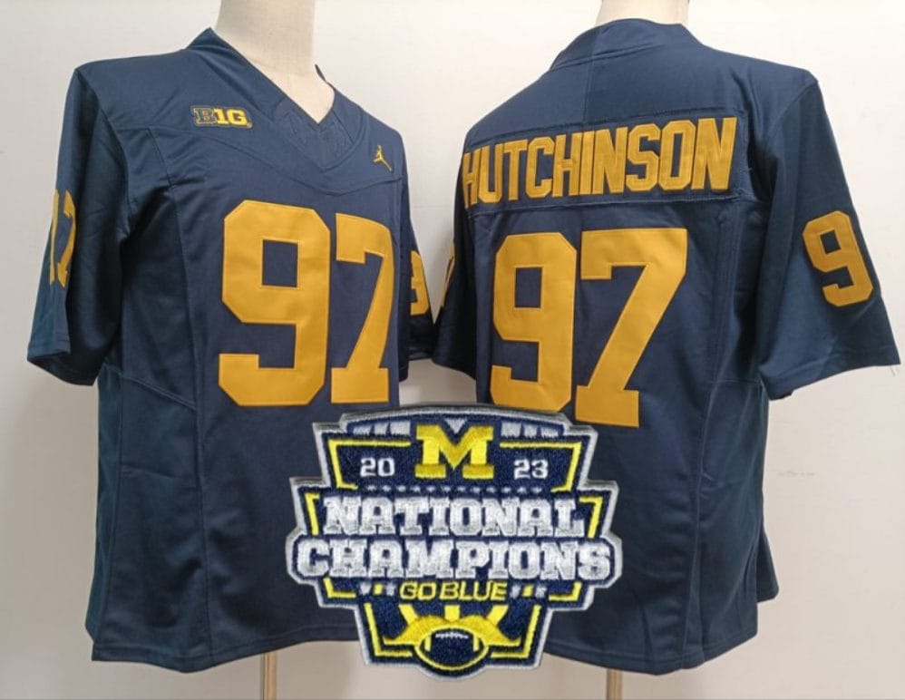 Aidan Hutchinson Jersey #97 Michigan Wolverines Football 2023 National Champions Patch Navy 1 Aidan Hutchinson Jersey #97 Michigan Wolverines Football 2023 National Champions Patch Navy