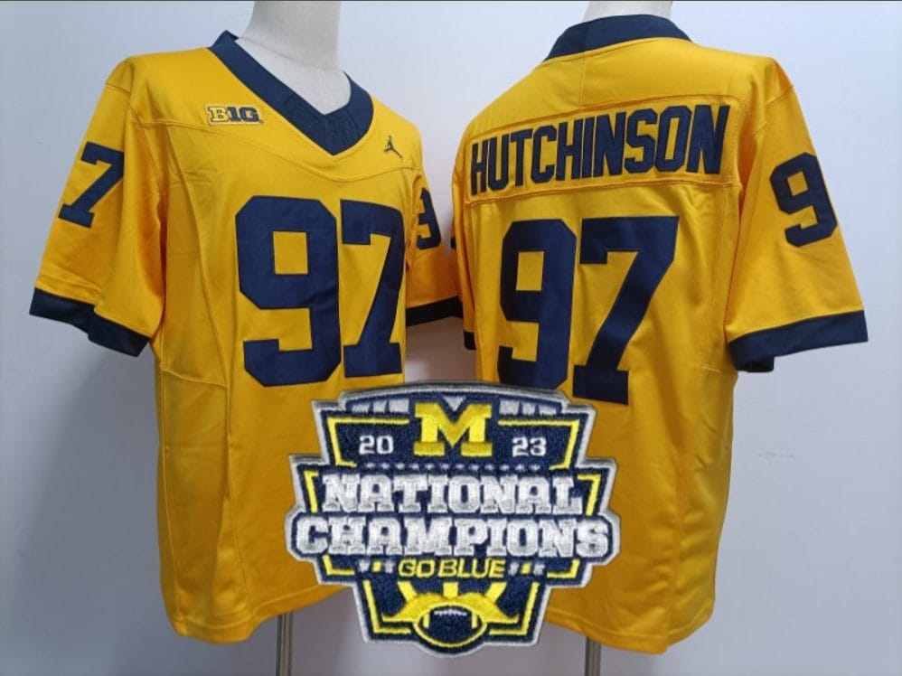 Aidan Hutchinson Jersey #97 Michigan Wolverines Football 2023 National Champions Patch Yellow 1 Aidan Hutchinson Jersey #97 Michigan Wolverines Football 2023 National Champions Patch Yellow