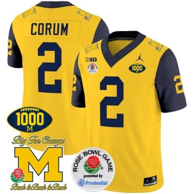 Blake Corum Jersey #2 Michigan Wolverines Vapor Stitched 1000 Wins Rose Bowl Patch Navy Sleeves 8 Blake Corum Jersey #2 Michigan Wolverines Vapor Stitched 1000 Wins Rose Bowl Patch Navy Sleeves