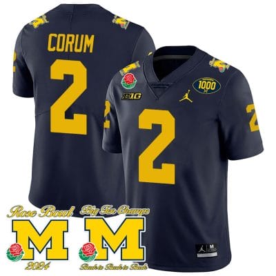 Blake Corum Jersey #2 Michigan Wolverines 1000 Wins Rose Bowl Big Ten Champs Patch Navy