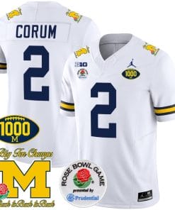 Blake Corum Jersey #2 Michigan Wolverines Vapor Stitched 1000 Wins Rose Bowl Patch White