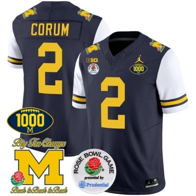 Blake Corum Jersey #2 Michigan Wolverines Vapor Stitched 1000 Wins Rose Bowl Patch White Sleeves