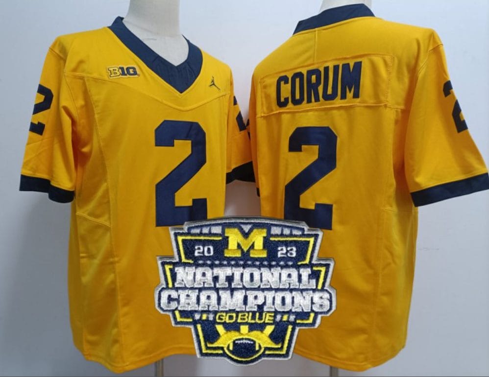 Blake Corum Jersey #2 Michigan Wolverines Football 2023 National Champions Patch Yellow 1 Blake Corum Jersey #2 Michigan Wolverines Football 2023 National Champions Patch Yellow