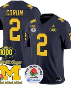 Blake Corum Jersey #2 Michigan Wolverines Vapor Stitched 1000 Wins Rose Bowl Patch Navy
