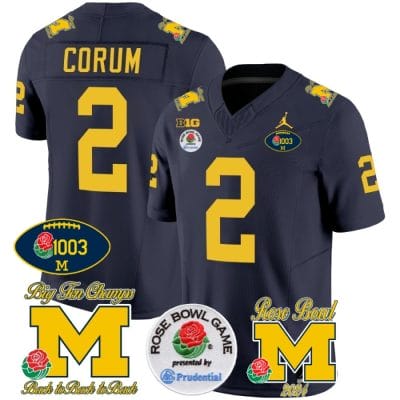 Blake Corum Jersey #2 Michigan Wolverines Vapor 1003 Wins Rose Bowl Patch Football Navy
