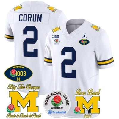 Blake Corum Jersey #2 Michigan Wolverines Vapor 1003 Wins Rose Bowl Patch Football White 8 Blake Corum Jersey #2 Michigan Wolverines Vapor 1003 Wins Rose Bowl Patch Football White