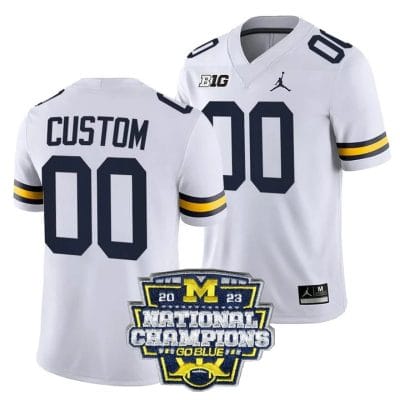 Custom Michigan Wolverines Jersey Name and Number Football 2023 National Champions Patch White 8 Custom Michigan Wolverines Jersey Name and Number Football 2023 National Champions Patch White