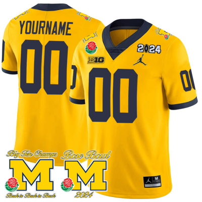 Custom Michigan Wolverines Jersey Name and Number Vapor Rose Bowl + 2024 CFP + Big Ten Champs Patch Football Yellow 8 Custom Michigan Wolverines Jersey Name and Number Vapor Rose Bowl + 2024 CFP + Big Ten Champs Patch Football Yellow