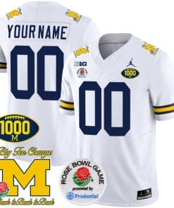 Custom Michigan Wolverines Jersey Name and Number 1000 Wins Rose Bowl Patch White Sleeves