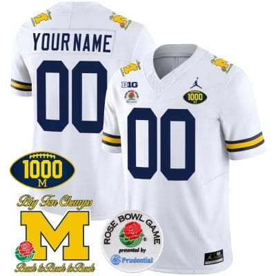 Custom Michigan Wolverines Jersey Name and Number 1000 Wins Rose Bowl Patch White Sleeves 8 Custom Michigan Wolverines Jersey Name and Number 1000 Wins Rose Bowl Patch White Sleeves