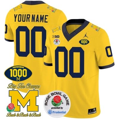 Custom Michigan Wolverines Jersey Name and Number 1000 Wins Rose Bowl Patch Maize 8 Custom Michigan Wolverines Jersey Name and Number 1000 Wins Rose Bowl Patch Maize