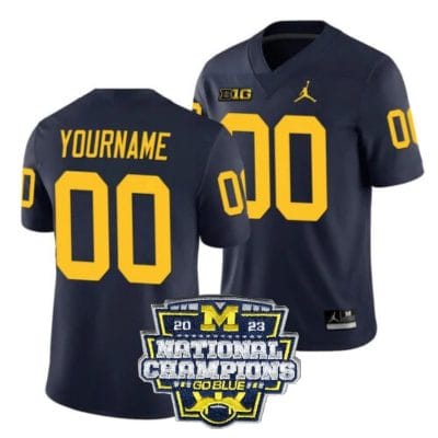 Custom Michigan Wolverines Jersey Name and Number Football 2023 National Champions Patch Navy 8 Custom Michigan Wolverines Jersey Name and Number Football 2023 National Champions Patch Navy
