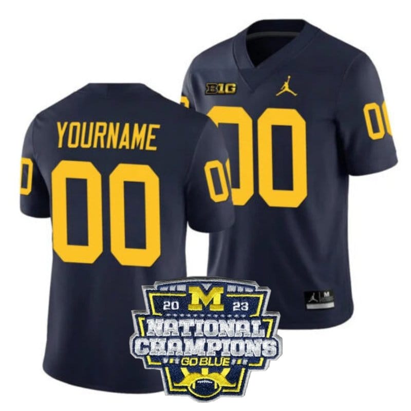 Custom Michigan Wolverines Jersey Name and Number Football 2023 National Champions Patch Navy 1 Custom Michigan Wolverines Jersey Name and Number Football 2023 National Champions Patch Navy