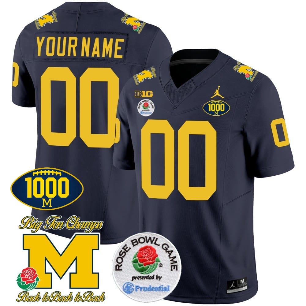 Custom Michigan Wolverines Jersey Name and Number 1000 Wins Rose Bowl Patch Navy 1 Custom Michigan Wolverines Jersey Name and Number 1000 Wins Rose Bowl Patch Navy