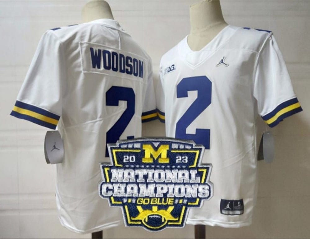 Charles Woodson Jersey #2 Michigan Wolverines Football 2023 National Champions Patch White 1 Charles Woodson Jersey #2 Michigan Wolverines Football 2023 National Champions Patch White