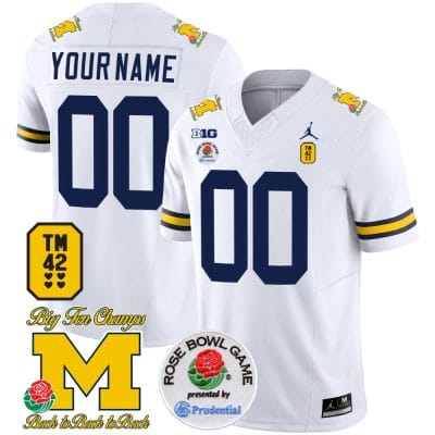 Custom Michigan Wolverines Jersey Name and Number Vapor TM 42 Honor – Rose Bowl Patch Football White