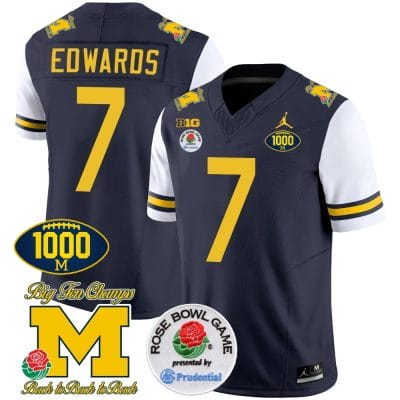Donovan Edwards Jersey #7 Michigan Wolverines Vapor Stitched 1000 Wins Rose Bowl Patch White Sleeves