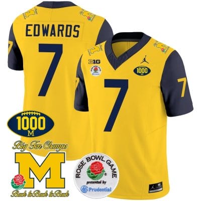 Donovan Edwards Jersey #7 Michigan Wolverines Vapor Stitched 1000 Wins Rose Bowl Patch Navy Sleeves