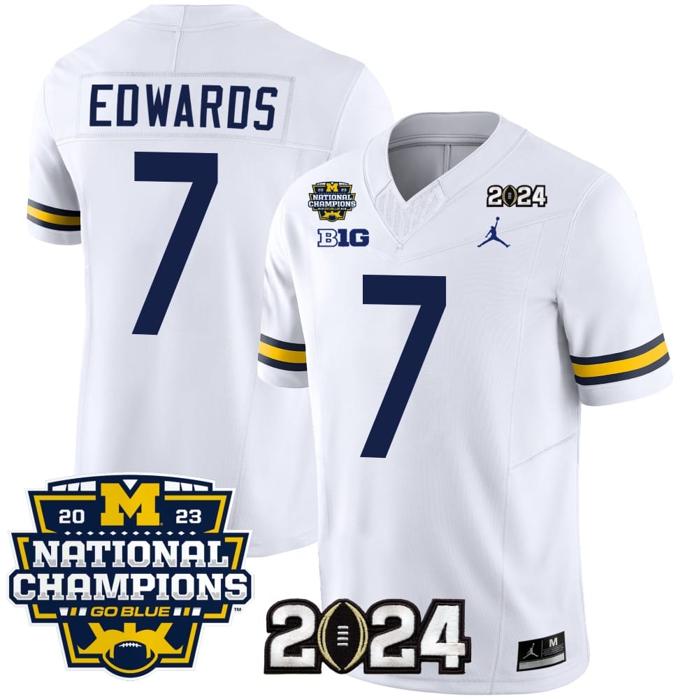 Donovan Edwards Jersey #7 Michigan Wolverines Vapor Limited Football 2024 National Champions Patch White 1 Donovan Edwards Jersey #7 Michigan Wolverines Vapor Limited Football 2024 National Champions Patch White