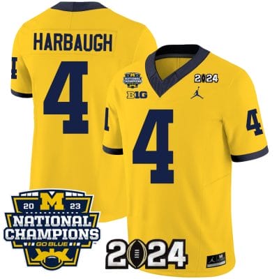 Jim Harbaugh Jersey #4 Michigan Wolverines Vapor Limited Football 2024 National Champions Patch Maize