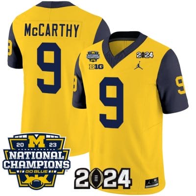 JJ McCarthy Jersey #9 Michigan Wolverines Vapor Limited Football 2024 National Champions Patch Navy Sleeves