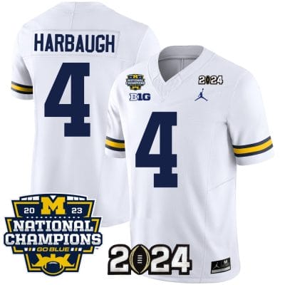 Jim Harbaugh Jersey #4 Michigan Wolverines Vapor Limited Football 2024 National Champions Patch White