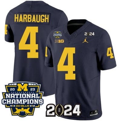 Jim Harbaugh Jersey #4 Michigan Wolverines Vapor Limited Football 2024 National Champions Patch Navy
