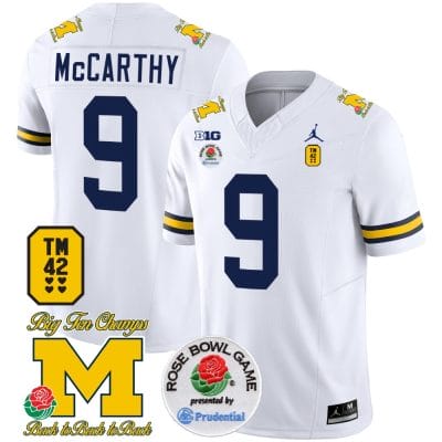 JJ McCarthy Jersey #9 Michigan Wolverines Vapor TM 42 Honor – Rose Bowl Patch Football White